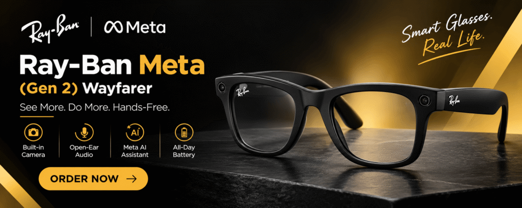 Ray-Ban Meta (Gen 2) Wayfarer smart glasses with built-in camera, Meta AI, and hands-free features.