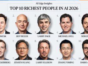 Top 10 wealthy people connected to AI companies in 2026, including Elon Musk, Jensen Huang and Dario Amodei.