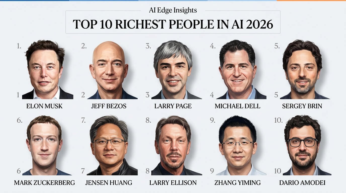 Top 10 wealthy people connected to AI companies in 2026, including Elon Musk, Jensen Huang and Dario Amodei.