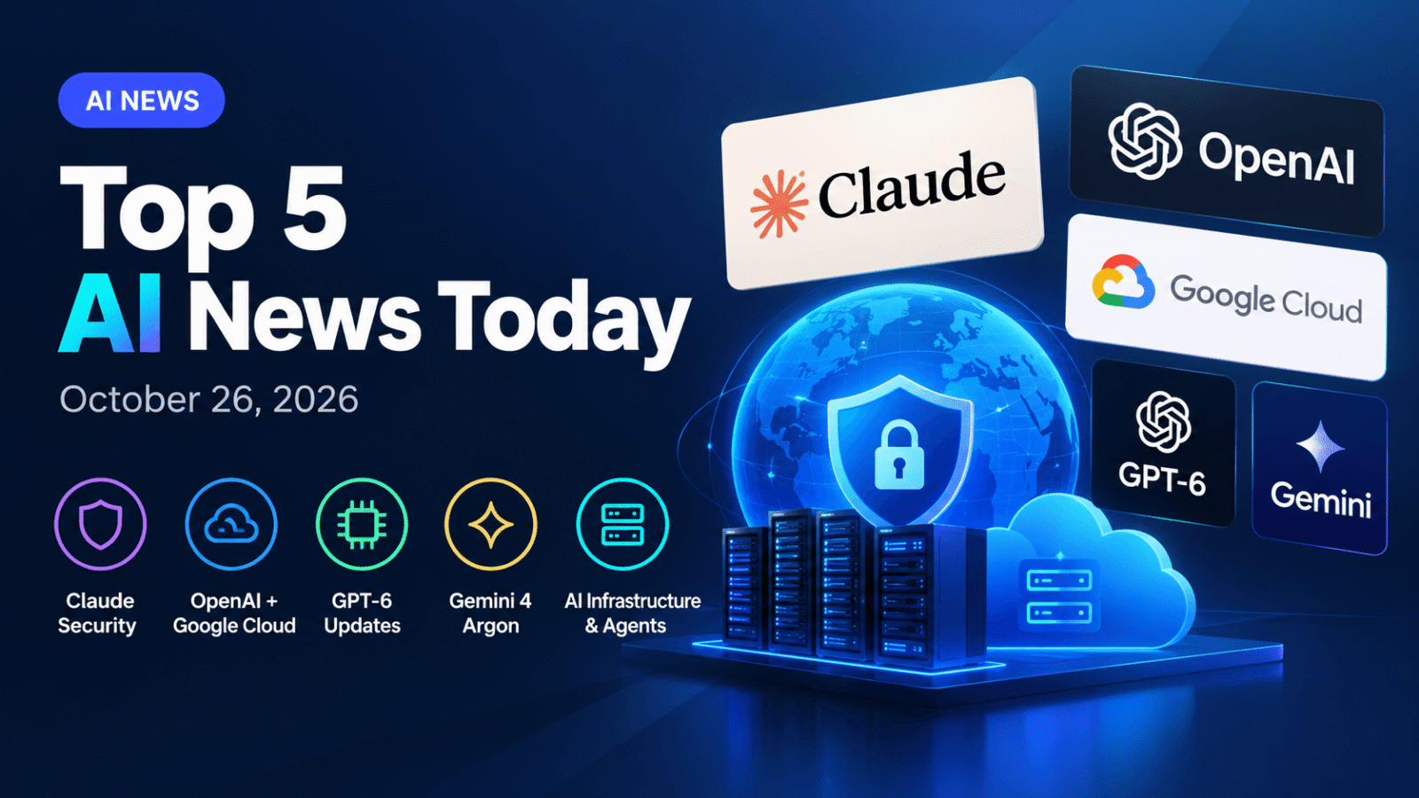Top 5 AI news featuring Claude security, OpenAI and Google Cloud, GPT-6 updates, Gemini 4 Argon, and AI infrastructure.